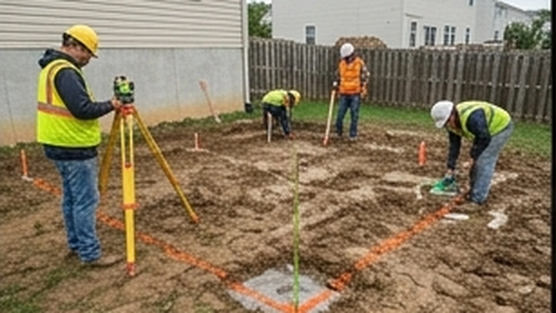 New backyard deck framing with lumber and level construction lines