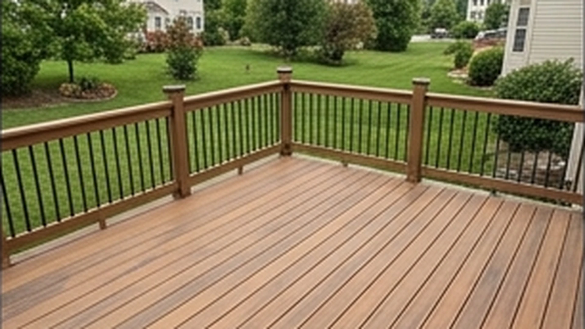 Finished backyard deck with railings stairs and outdoor seating